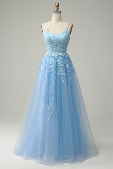 En Line Spaghetti stropper Long Blue Prom kjole med Appliques